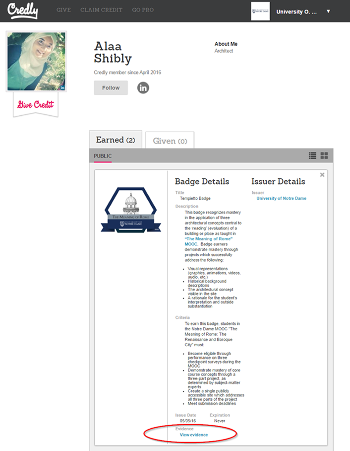Figure 11. Alaa's Tempietto digital badge with evidence metadata
