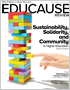 EDUCAUSE Review Summer 2019 cover image - colored Jenga stack with hand touching one of the pieces