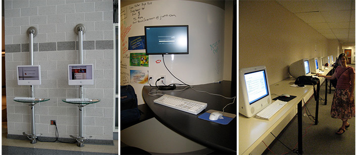 Public access computers, hallway thin client and whiteboard, and hallway terminals
