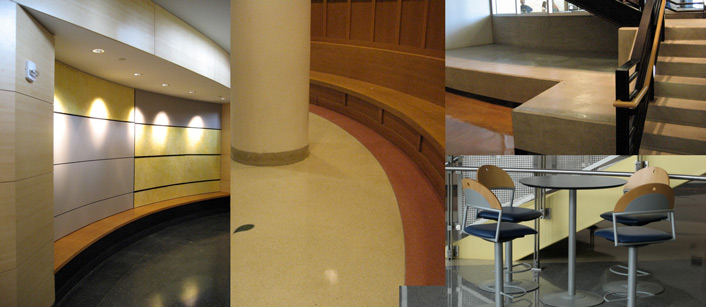 Waiting area outside classroom, lecture hall transition space, seating in lobby, bistro furniture