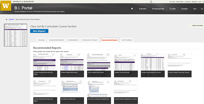 Figure 2. The BI Portal's Recommended Reports tab