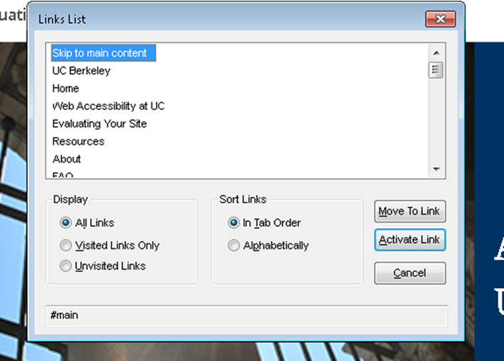 Figure 2. Screen reader links list