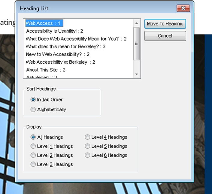 Figure 3. Screen reader headings list