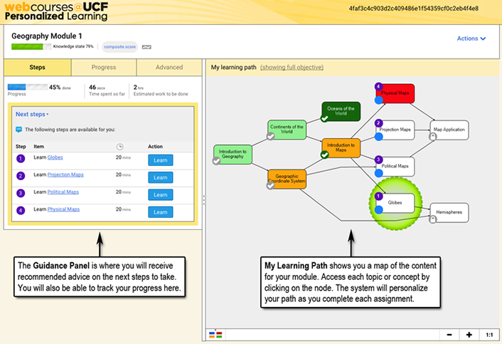 Screen capture of personalized learning platform