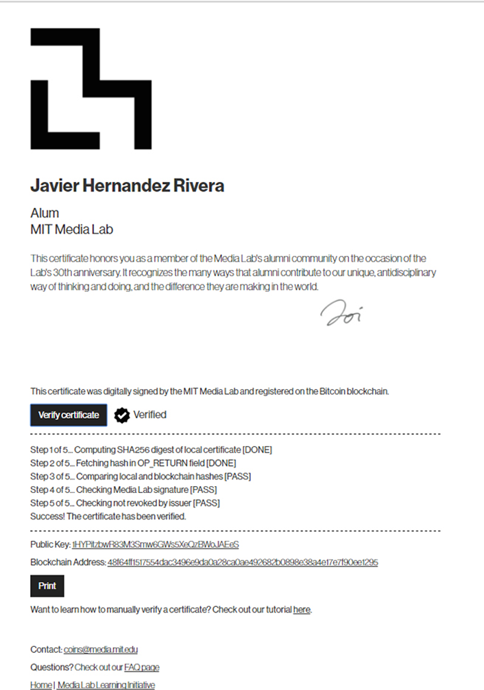 Figure 2. Blockcert certificate from the MIT Media Lab