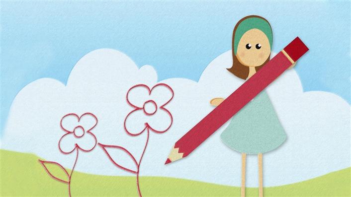 drawing of little girl holding a big red pencil and two red flowers