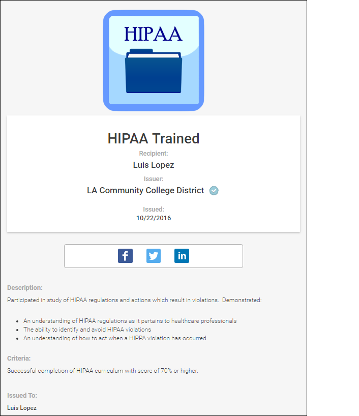 Figure 1. Example badge for knowledge about HIPAA regulations