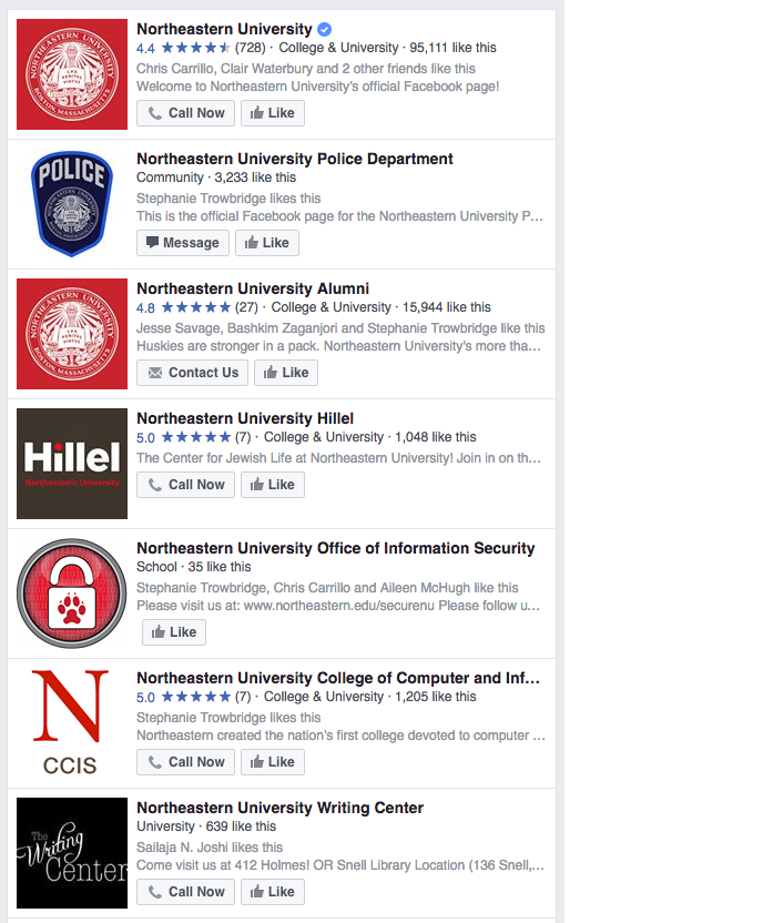 Figure 6. A few Northeastern University Facebook accounts
