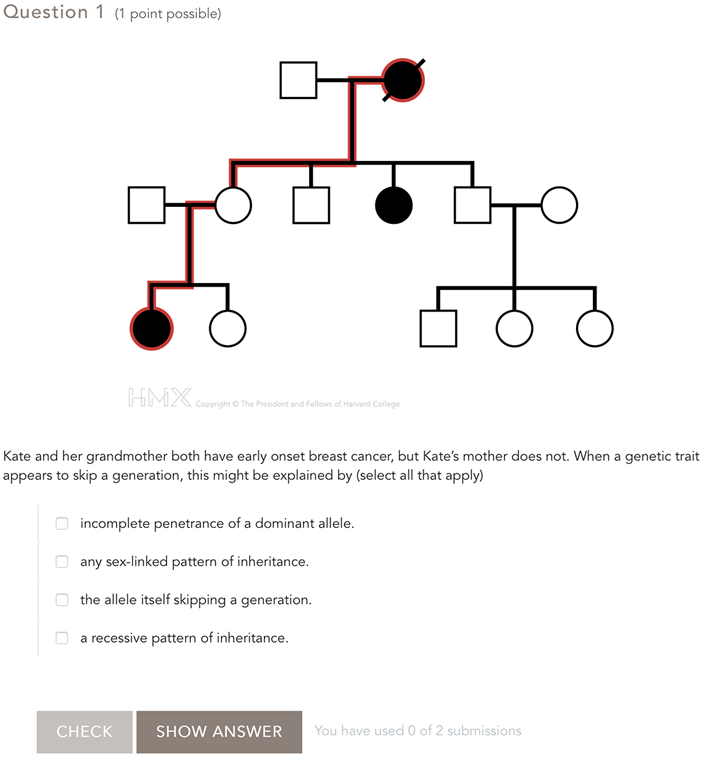 Figure 2. Example of an assessment question from one of the HMX Genetics lessons