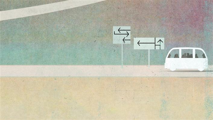 drawing of bus and arrow direction signs