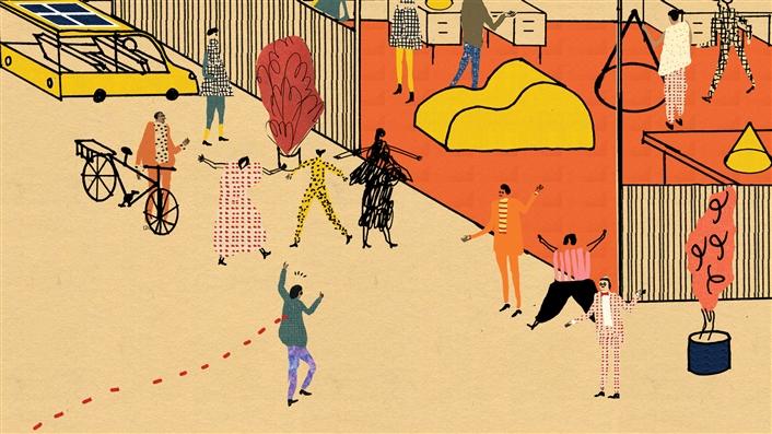colored sketch of people dancing in a street