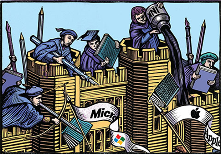 Drawing of medieval castle wall. The troops manning the wall are in robes and their weapons are books, pens and pencils. One is pouring ink on the attackers.  One of the attackers' flags says Microsoft and the other says Apple.