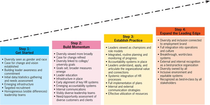 image of four colored boxes representing the four steps or stages of DEI development with characteristics listed in each box