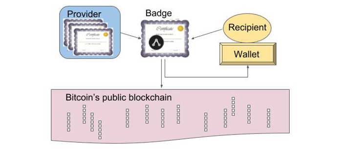 Provider box with arrow to Badge. Recipient circle with arrow to badge. Wallet box sits right under Recipient circle and Badge has arrow to Wallet.  Badge also has arrow to 'Bitcoin's public blockchain' area which runs below all the other boxes/circles.