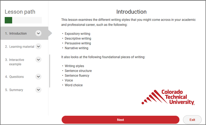 screenshot example of a lesson introduction in the Professional Written Communications course