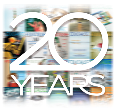 20 YEARS text overlaid on a blurred image of a composite of EDUCAUSE Review magazine covers