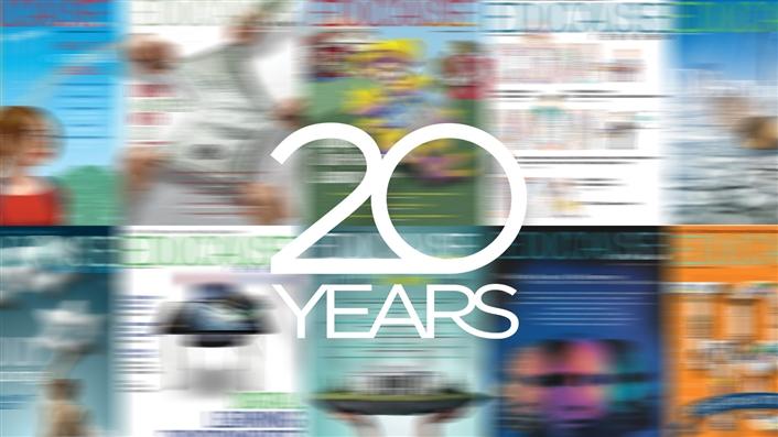 blurred composite image of EDUCAUSE Review magazine covers with 20 YEARS text overlaid on it