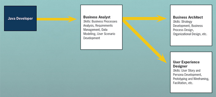 Box labelled 'Java Developer'. Arrow from this box to the next box 'Business Analyst; Skills: Business Processes Analysis, Requirements Management, Data Modelling, User Scenario Development.' Two arrows from this box each going to a separate box. Top box 'Business Architect; Skills: Strategy Development, Business Process Design, Organizational Design, etc.' Lower box 'User Experience Designer; Skills: User Story and Persona Development, Prototyping and Wireframing, Facilitation, etc.'