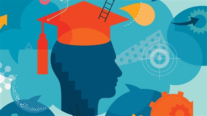 graphic of human head with graduation cap on a background of geometric shapes