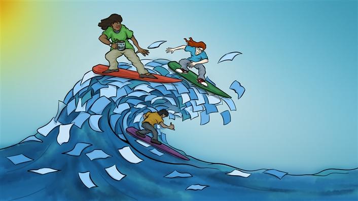 cartoon-like image of people surfing a paper wave