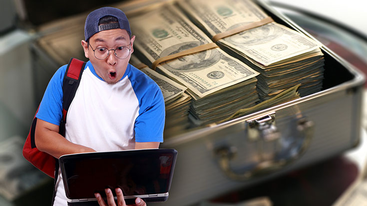 Student holding a laptop with a surprised look on their face. Secure briefcase with stacks of $100 bills in the background.