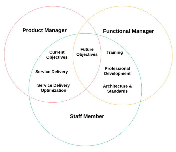 Venn Diagram of 3 circles: Product Manager (PM), Functional Manager (FM), and Staff Member (SM). Intersection of PM and SM: Current Objectives, Service Delivery, Service Delivery Optimization. Intersection of FM and SM: Training, Professional Development, Architecture & Standards. Intersection of all 3: Future Objectives.