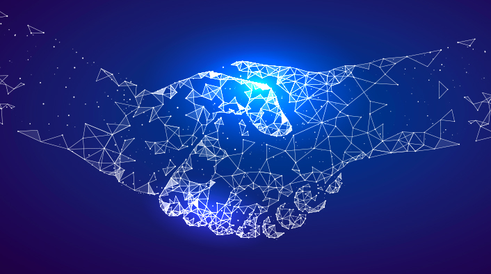 human handshake composed of matrix of interconnected white dots and lines