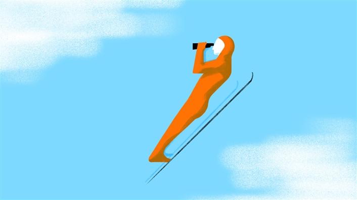 backwards ski jumper looking through binoculars
