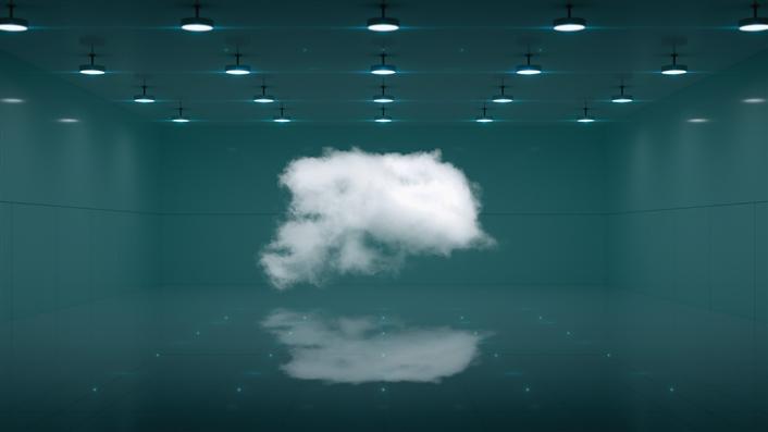 white cloud in a blue-green space with overhead lights