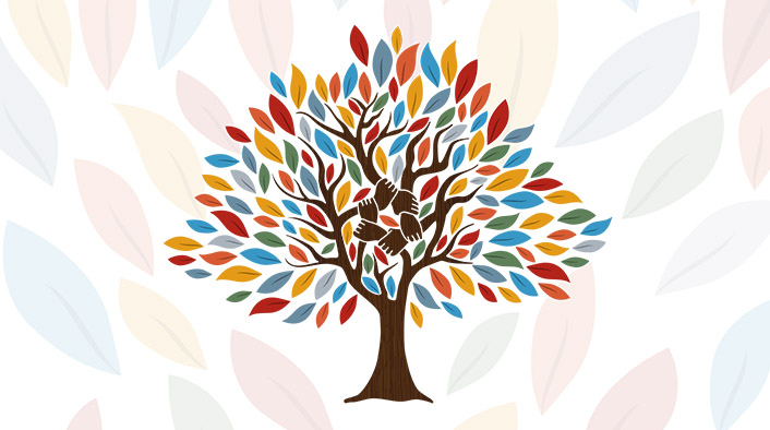 Drawing of a tree with leaves of many different colors. The inner branches each has a hand that holds another branch, forming a circle of hands in the center.
