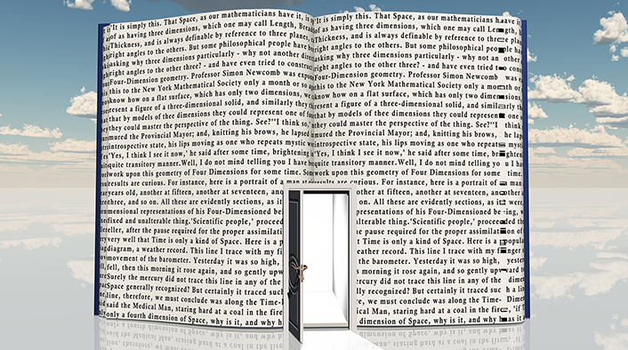 Surreal painting. Opened door in open book with story