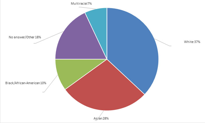 Pie chart showing ethnicity of respondents. White 37%. Asian 28%. Black/African-American 10%. No answer/Other 18%. Multiracial 7%.