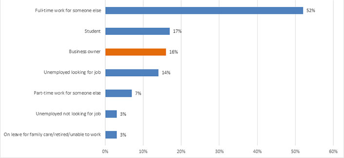 Bar graph showing employment status of learners: Full-time work for someone else 52%. Student 17%. Business owner 16% (bar highlighted). Unemployed looking for job 14%. Part-time work for someone else 7%. Unemployed not looking for job 3%. On leave for family care/retired/unable to work 3%.