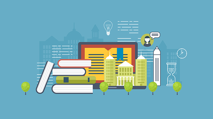 Montage of online education and university building icons.