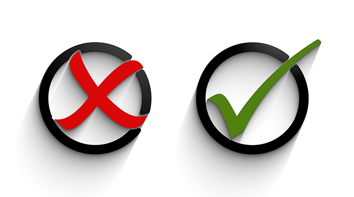 two black circles side-by-side, the left one with a red x in it and the right one with a green checkmark in it