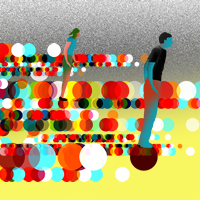two leaning human figures among multicolored rows of dots