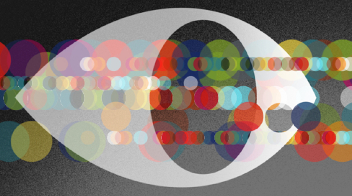 eye superimposed on background of multicolored spots.