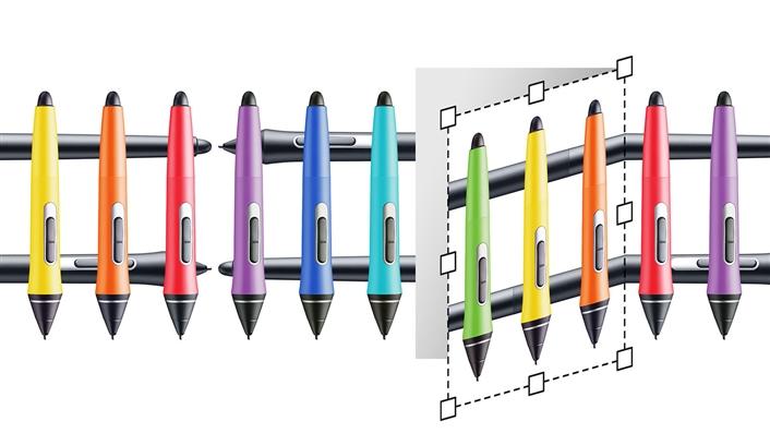 11 Pens lined up vertically. 3 of them have been selected and are on a diagonal instead. 