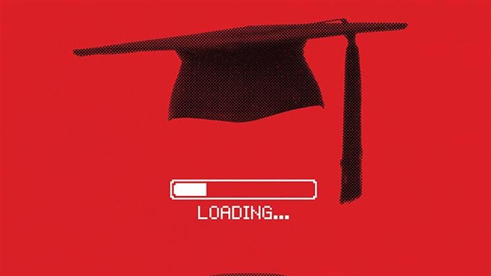black graduation cap with computer program loading icon below it on a red background
