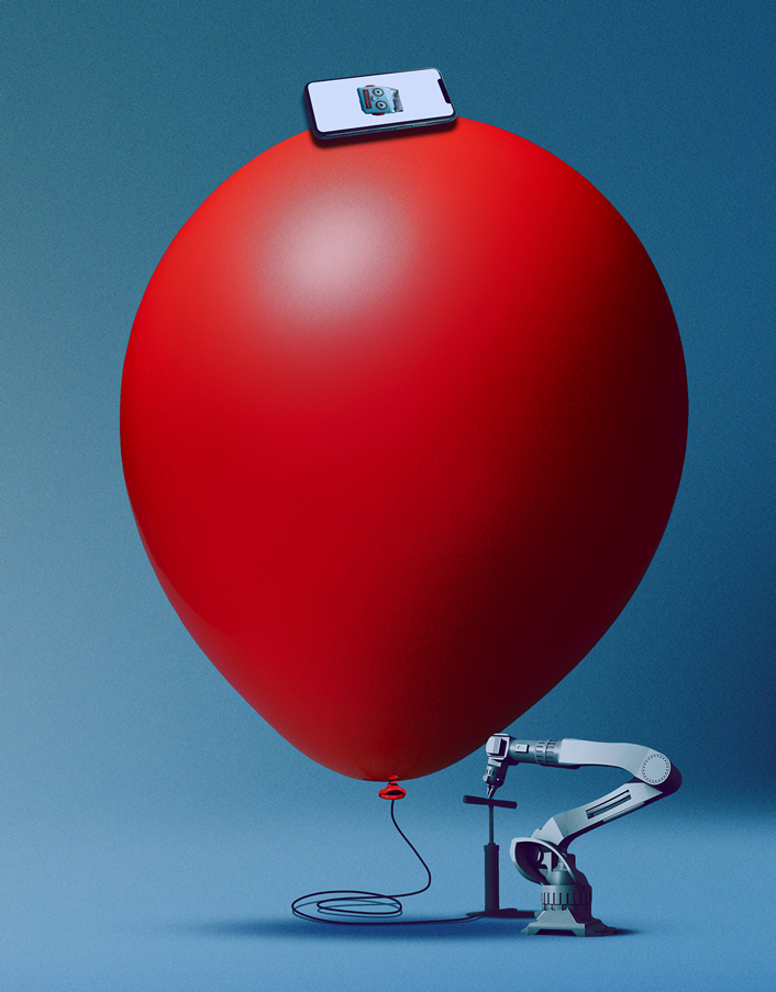 red balloon with mobile phone and robotic air pump