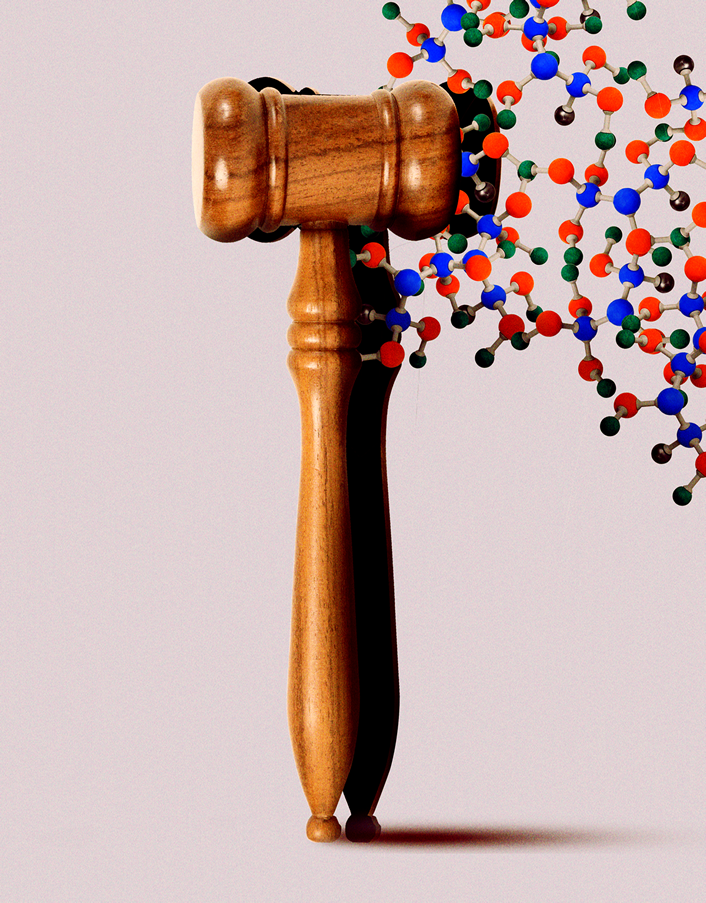 upright wooden gavel embedding with molecular model-like structure