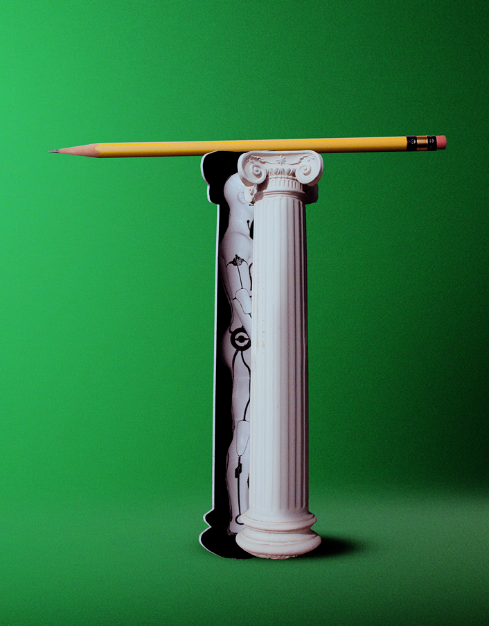 wooden pencil atop an Ionic column