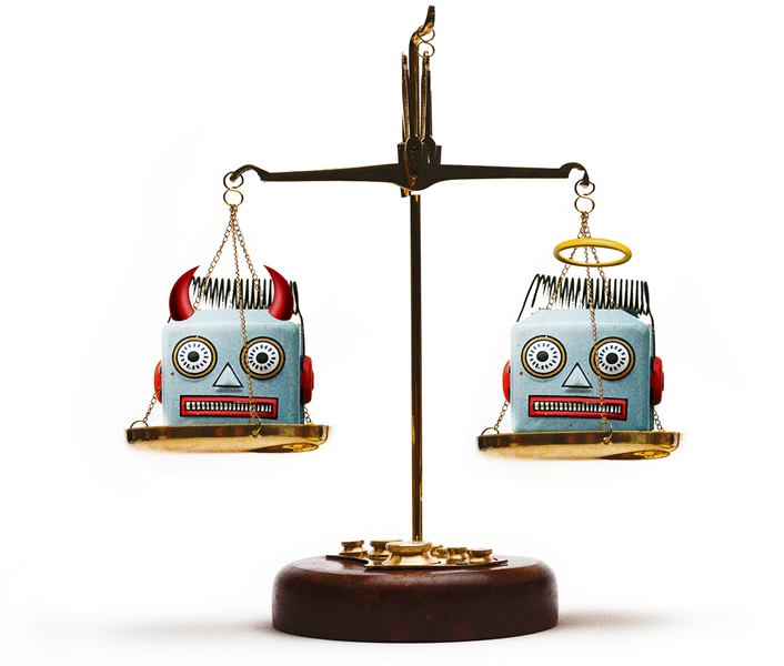 good and evil robot heads on each platform of a counterbalance scale