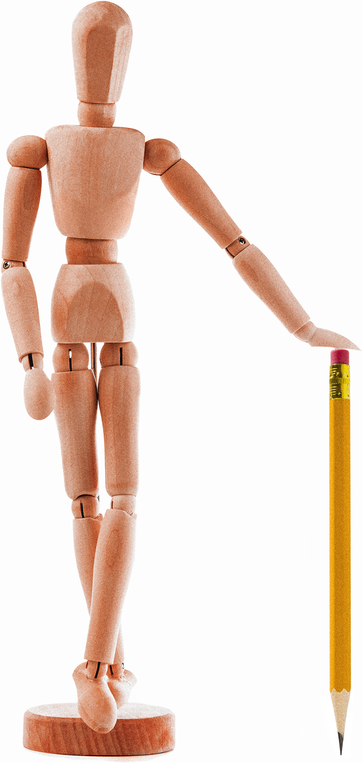 wooden figure leaning on a wooden pencil