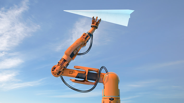 robotic arm throwing a paper airplaine