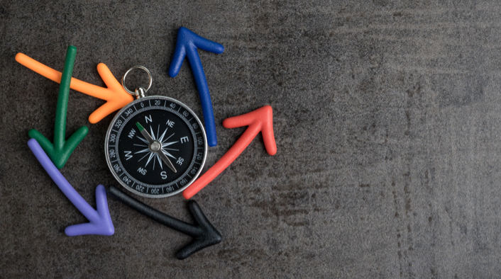 Colored arrows pointing counterclockwise around a compass