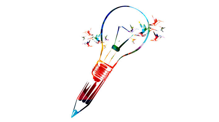 stubby pencil with lightbulb where the eraser usually is and multicolored hummingbirds flying near the bulb