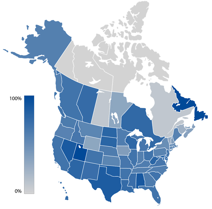Color coded map of the states/provinces of the USA and Canada.