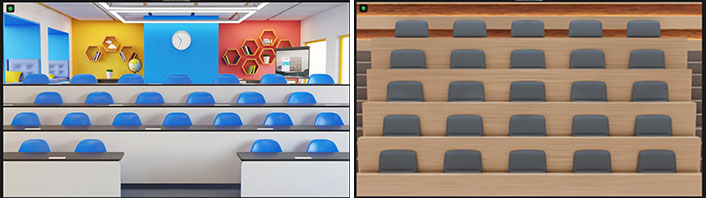 Left image has bright blue chairs and colorful walls. Right image has gray chairs and wood walls.