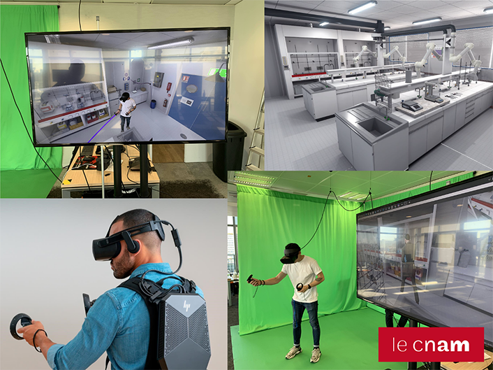 Composite of 4 images showing a VR lab and a person using VR gear in a lab and in front of a greenscreen.